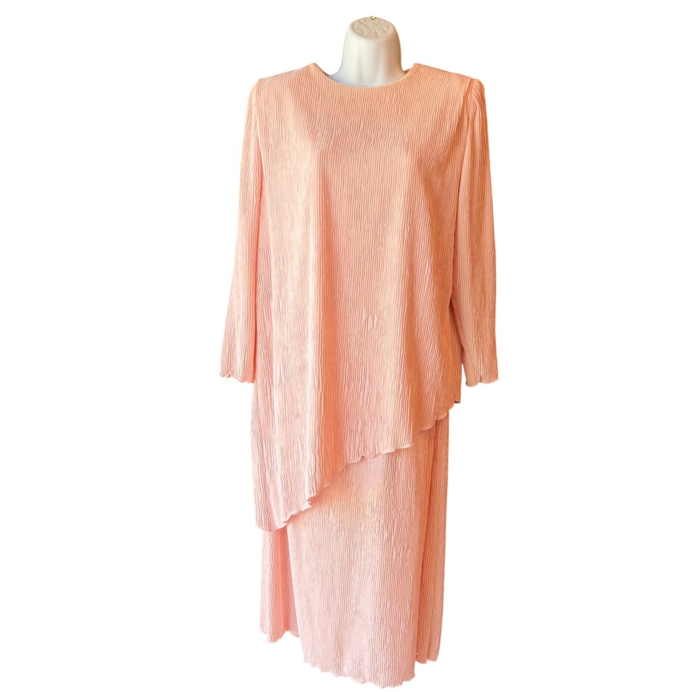 Vintage Leslie Fay II Pink Crinkle Dress Overlay Women's Size 14 Made in USA